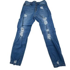 Women's Kancan Distressed Button-Fly Jeans‎ Straight Leg Light Wash Size 7/27